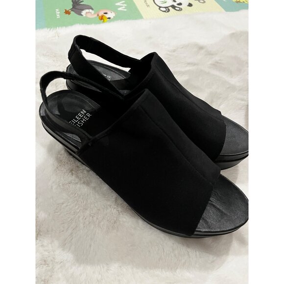 Eileen Fisher Black Peep Toe Slingback Platform Wedge Heels Size 8.5 - Picture 5 of 9